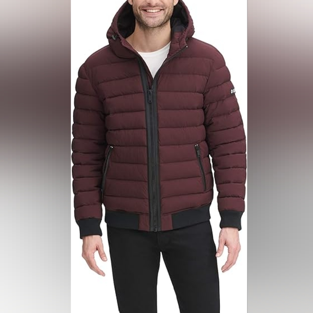 Men's Stretch DKNY Burgundy Puffer Jacket with Hood Large